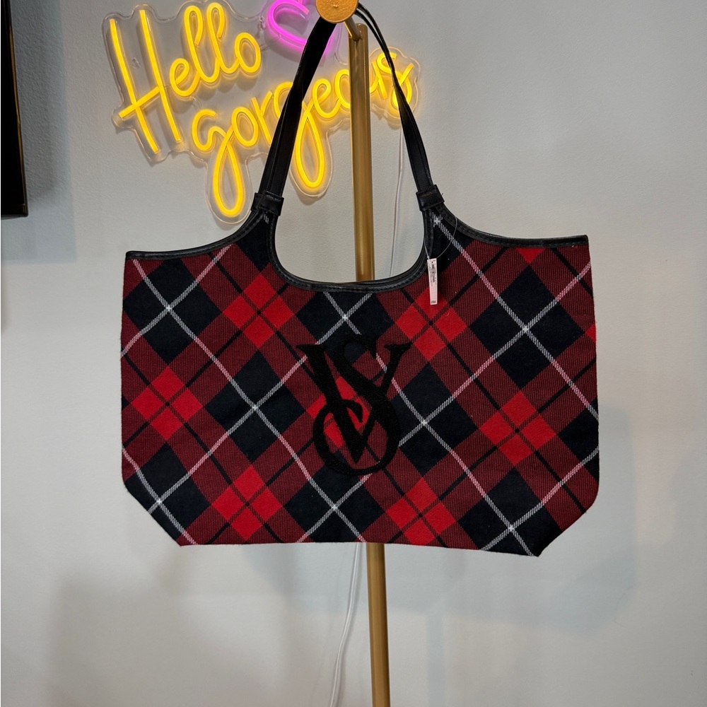 Victoria's Secret Red & Black Plaid Tote with Logo